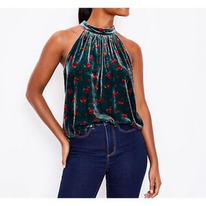 Loft Halter Top Women Sz XS Green‎ Red Roses Velvet Whimsigoth Festival Boho